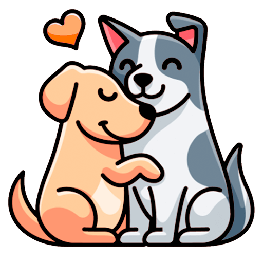 Ilustração de dois cachorros abraçados, um ao lado do outro, com um coração laranja acima deles, simbolizando amor e companheirismo animal