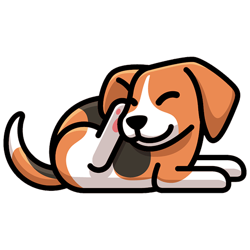 Ilustração de um cachorro beagle se coçando, com uma expressão feliz e uma pata elevada.