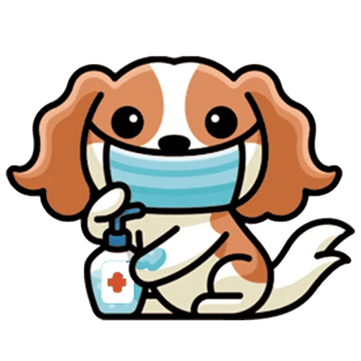 Ilustração de um cachorro usando uma máscara cirúrgica e segurando um frasco de medicamento com a boca, representando cuidados de saúde animal.